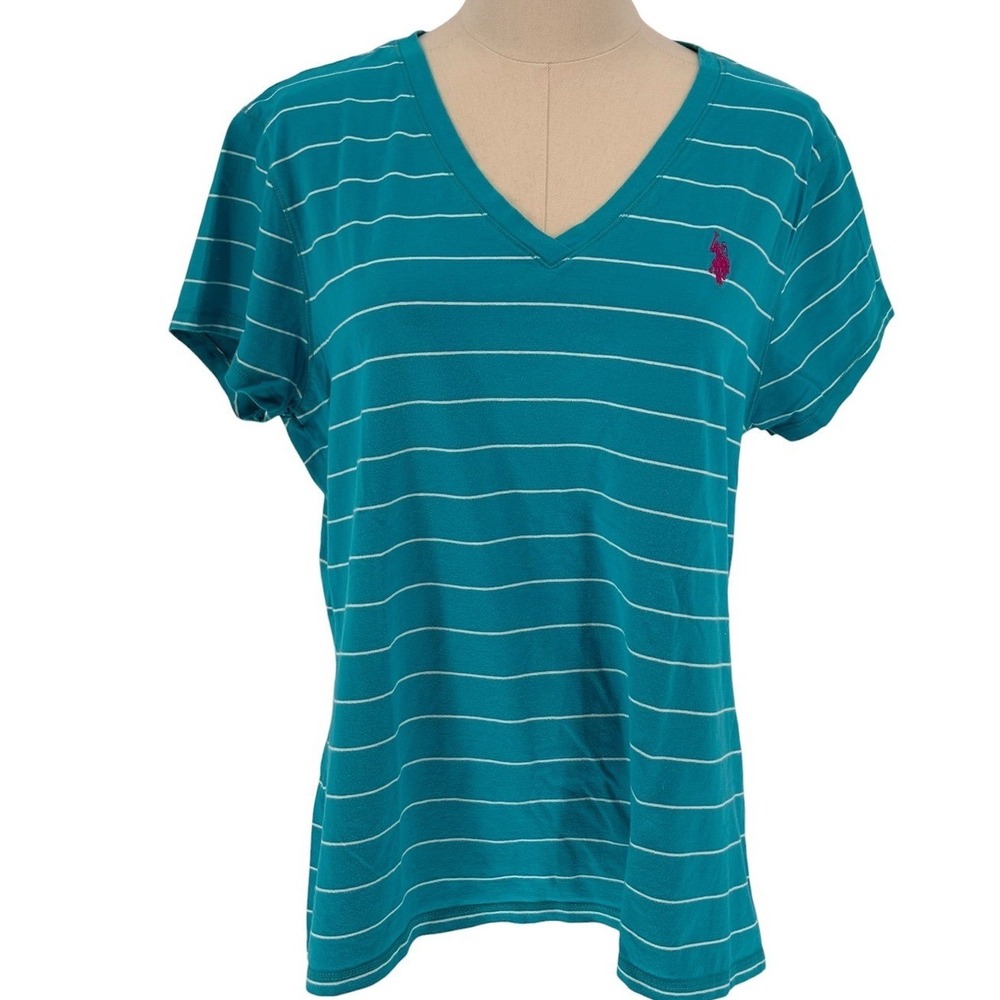 US Polo Assn V-gNeck Tee Teal Blue Striped Embroidered Logo XL